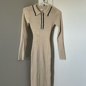 New York & Company - Contrast Trim Collared Button Front Midi Dress - S - Beige